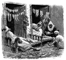 Shoe shop in Fez, Morocco, c1890