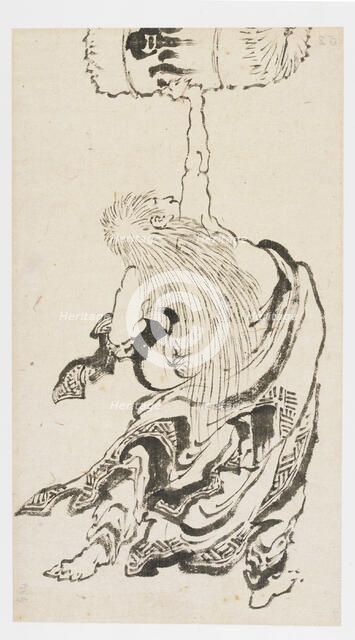 Shojo Lifting a Sake Keg, Edo period, ca. 1840s. Creator: Hokusai.