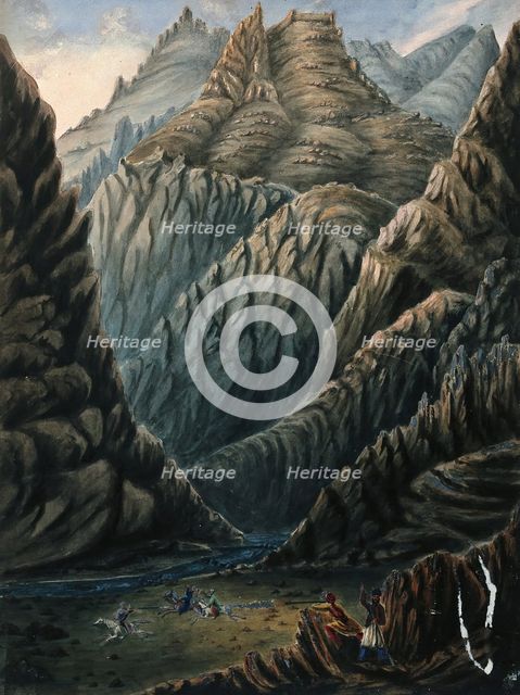 Shooting skirmish below mountains, Afghanistan. Creator: Unknown.