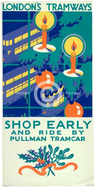 'Shop Early and Ride by Pullman Tramcar', London County Council (LCC) Tramways poster, 1930. Artist: Freda Beard