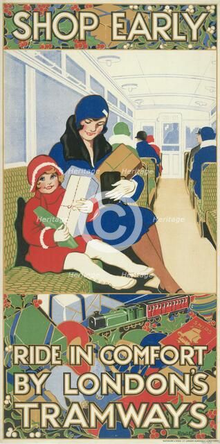'Shop Early, Ride in Comfort by London's Tramways', London County Council Tramways poster, 1928. Artist: Rowles
