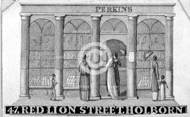 Shop front of Perkins ladies' shoe shop at 47 Red Lion Street, Holborn, London, c1820.    Artist: Anon