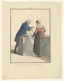 Shopkeeper of the Moravian Church with a customer, 1803-c.1899. Creator: J. Enklaar