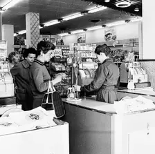Shoppers at a checkout in a London supermarket, c1950s. Creator: Henry Grant