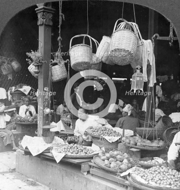 Shops in a native market, Rangoon, Burma, 1908. Artist: Stereo Travel Co