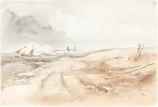 Shore Scene with Boats in Choppy Water, first half 19th century. Creator: Unknown