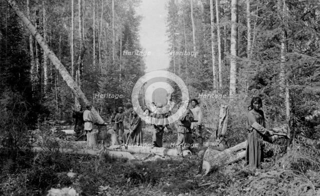 Shoria Men and Women Working on Cutting in the Woods, 1913. Creator: GI Ivanov.
