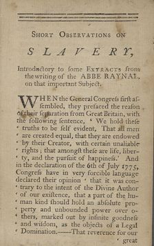 Short observations on slavery: introductory to some extracts from the writing..., 1783. Creator: Unknown