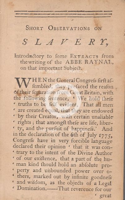 Short observations on slavery: introductory to some extracts from the writing..., 1783. Creator: Unknown.