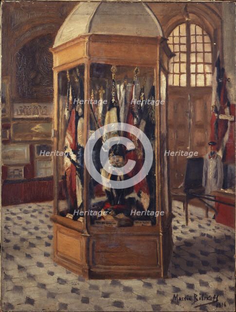 Showcase of flags at the War Museum, Les Invalides, 1916. Creator: Massia Bibikoff.