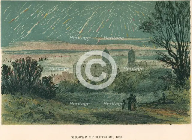Shower of meteors (Leonids) observed over Greenwich, London, 1866 (1884). Creator: Unknown.