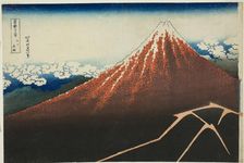 Shower Below the Summit (Sanka hakuu), from the series "Thirty-Six Views of Mount Fuji...c1830/33. Creator: Hokusai