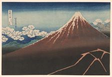Shower Below the Summit (Sanka hakuu), from the series "Thirty-Six Views of Mount Fuji..., c1830/33. Creator: Hokusai