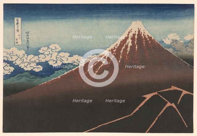 Shower Below the Summit (Sanka hakuu), from the series "Thirty-Six Views of Mount Fuji..., c1830/33. Creator: Hokusai.