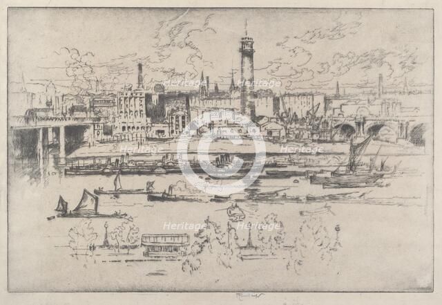 Shot Tower between the Bridges, 1910. Creator: Joseph Pennell.