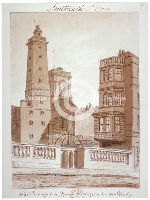 'Shot Manufactory, Tooley Street, from London Bridge', Bermondsey, London, 1828. Artist: John Chessell Buckler