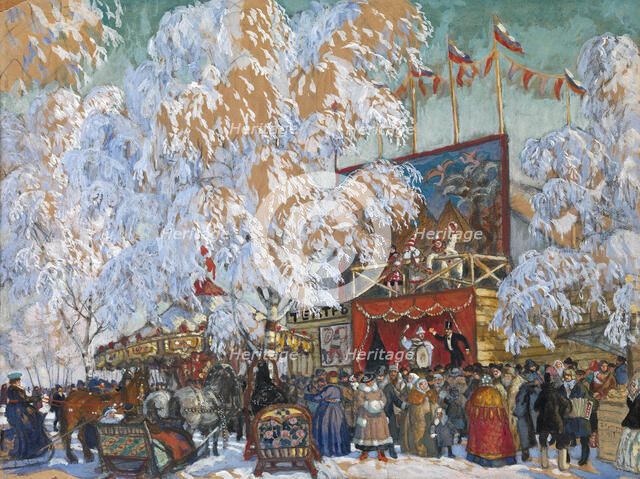 Show-booths, 1917. Artist: Kustodiev, Boris Michaylovich (1878-1927)