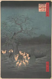 Shozokuenoki Tree at Oji: Fox-fires on New Year's Eve, 1857., 1857. Creator: Ando Hiroshige