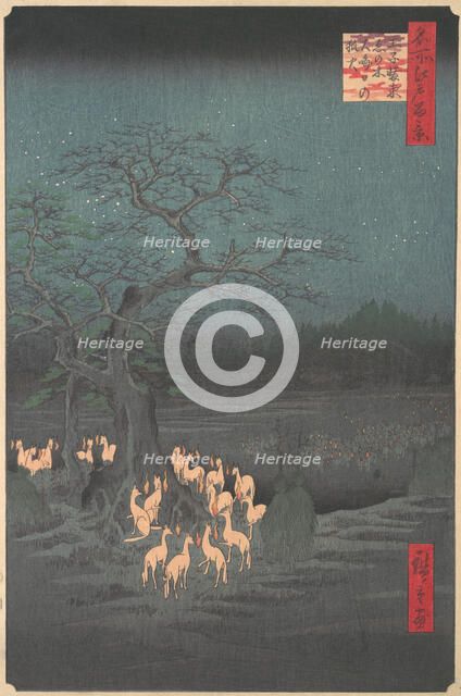 Shozokuenoki Tree at Oji: Fox-fires on New Year's Eve, 1857., 1857. Creator: Ando Hiroshige.