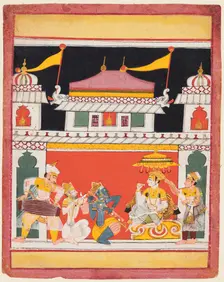 Shri Raga, from a Ragamala series; Three musicians perform before a noble, c. 1650. Creator: Unknown