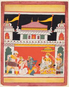 Shri Raga, from a Ragamala series; Three musicians perform before a noble, c. 1650. Creator: Unknown