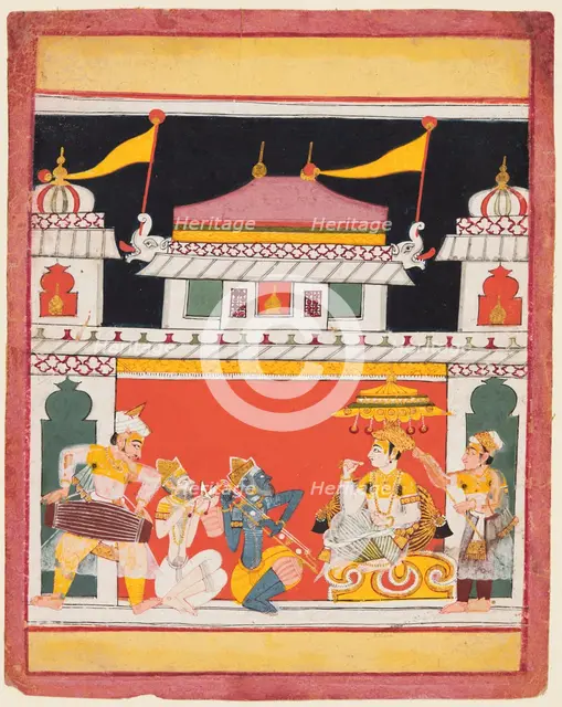 Shri Raga, from a Ragamala series; Three musicians perform before a noble, c. 1650. Creator: Unknown.
