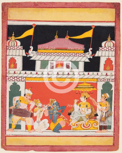 Shri Raga, from a Ragamala series; Three musicians perform before a noble, c. 1650. Creator: Unknown.