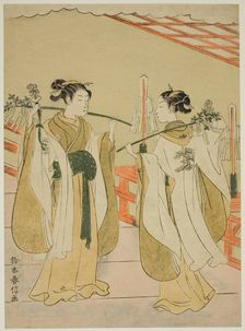 Shrine Maidens Onami and Ohatsu Dancing at Yushima Tenjin Shrine, c. 1769. Creator: Suzuki Harunobu