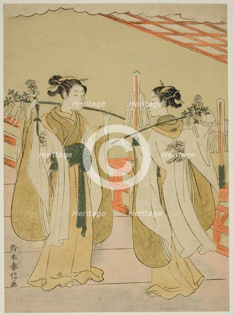 Shrine Maidens Onami and Ohatsu Dancing at Yushima Tenjin Shrine, c. 1769. Creator: Suzuki Harunobu.
