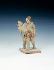 Si Satchanalai group of wrestlers decorated with brown glaze, Thailand, 15th century. Creator: Unknown
