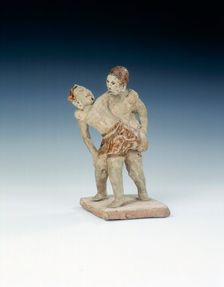 Si Satchanalai group of wrestlers decorated with brown glaze, Thailand, 15th century. Creator: Unknown