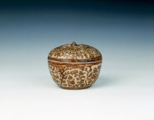 Si Satchanalai stoneware covered box of mangosteen shape, Thailand, 14th-15th century. Creator: Unknown