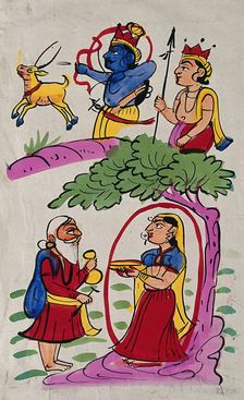 Sita being lured by a disguised Ravana, while Rama and Laksmana hunt in the forest. Creator: Unknown