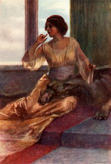 Sitting with the sleeping dragon's head on her knee 1917. Creator: Unknown