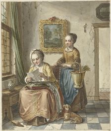 Sitting woman with maid, reading a letter, 1748-1798. Creator: Willem Joseph Laquy