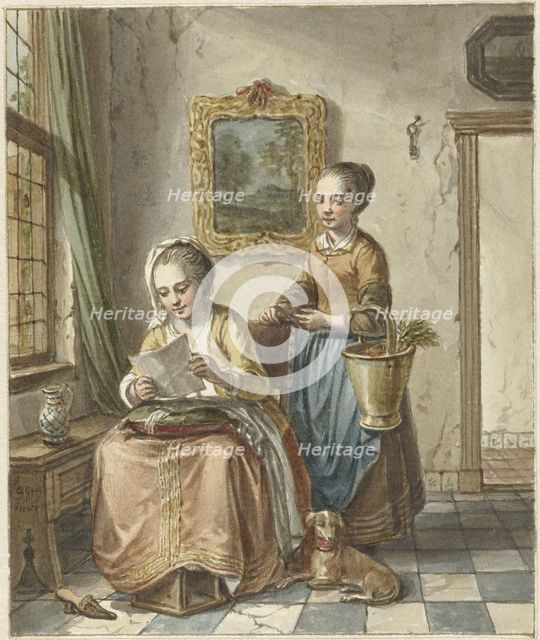 Sitting woman with maid, reading a letter, 1748-1798. Creator: Willem Joseph Laquy.