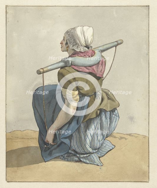 Sitting woman with a yoke on her shoulders, 1700-1800. Creator: W. Barthautz.