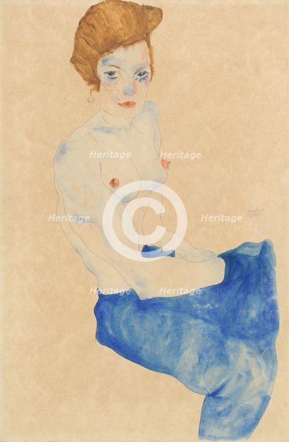Sitting young woman, half nude with blue skirt, 1911.