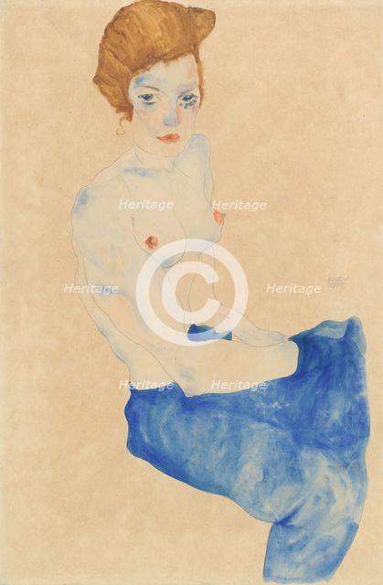 Sitting young woman, half nude with blue skirt (Wally Neuzil).