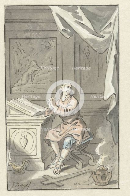 Sitting man with folded hands, before a Bible, c.1734-c.1801. Creator: Jacobus Buys.