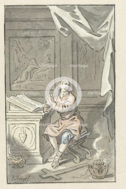 Sitting man with folded hands, before a Bible, c.1734-c.1801. Creator: Jacobus Buys.