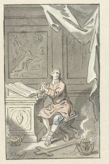 Sitting man with folded hands, before a Bible, c.1734-c.1801. Creator: Jacobus Buys