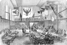 Sitting of the Crimean Board of Inquiry, in the Hall of Chelsea Hospital, 1856. Creator: Smyth
