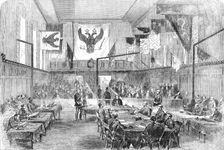 Sitting of the Crimean Board of Inquiry, in the Hall of Chelsea Hospital, 1856. Creator: Smyth