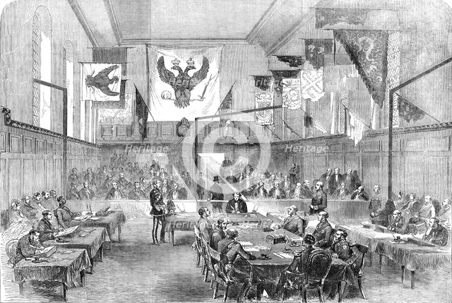 Sitting of the Crimean Board of Inquiry, in the Hall of Chelsea Hospital, 1856.  Creator: Smyth.