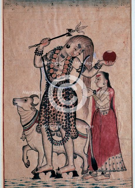 Siva with the bull, Nandi, followed by his consort Parvati, 18th century. Artist: Unknown