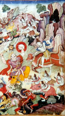 Siva Destroys the Demon and Haka, Harivamsa manuscript, Mughal School, c1590