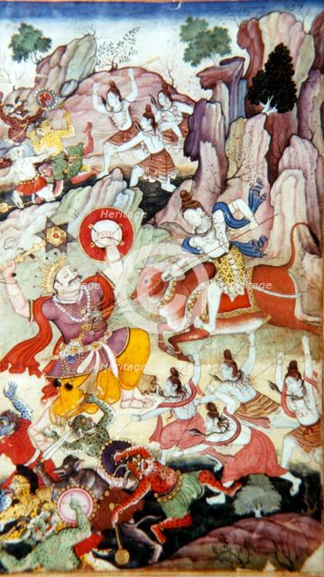 Siva Destroys the Demon and Haka, Harivamsa manuscript, Mughal School, c1590. Artist: Unknown.