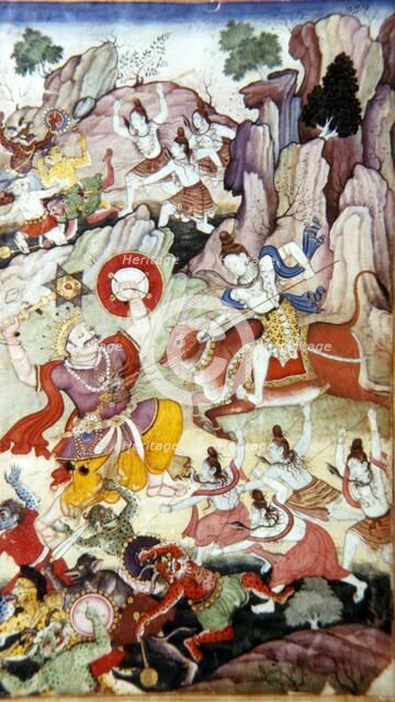 Siva Destroys the Demon and Haka, Harivamsa manuscript, Mughal School, c1590. Artist: Unknown.