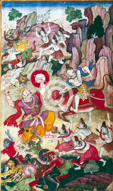 Siva destroys the demon Andhaka, Harivamsa manuscript, Mughul, c1590.  Artist: Unknown.